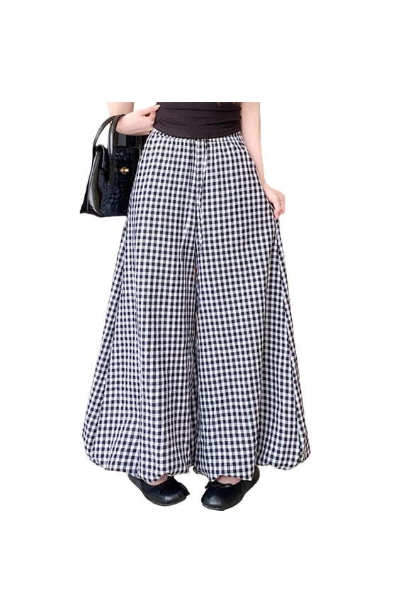 Palazzo Pants for Women Fashion Plaid Casual Culottes Pants Comfy Elastic Waist Drawstring Pants with Pockets