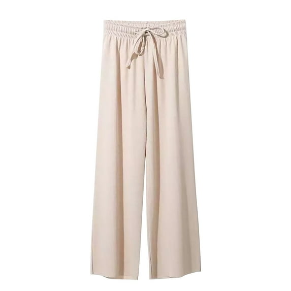 biudgviw Palazzo Pants for Women Lounge Elastic Waist Loose Solid Color Pants Ribbed Knit Wide Leg Drawstring Trousers