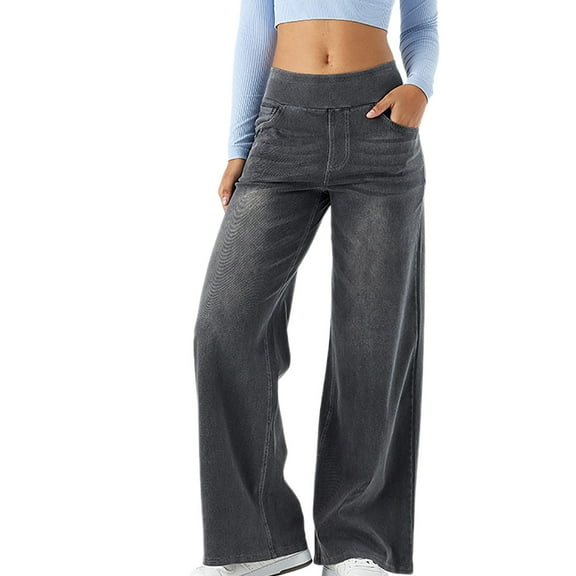 biudgviw Palazzo Pants for Women Pull on High Waisted Denim Pants Oversized Wide Leg Jeans with Pockets Baggy Trendy Trousers