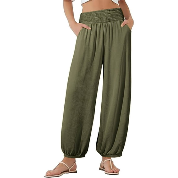 biudgviw Palazzo Pants for Women Smocked High Waisted Summer Pants with Pockets Baggy Comfy Linen Pants Travel Vacation Outfits
