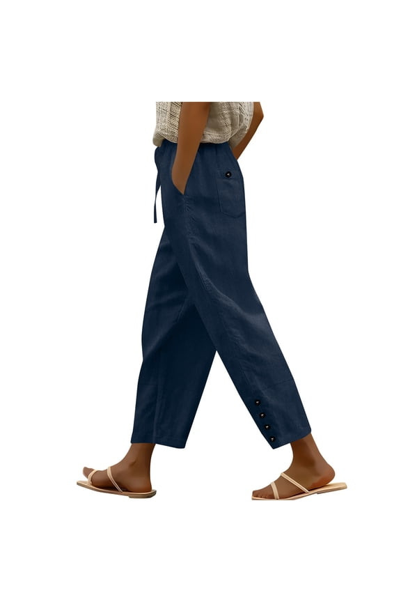 Pants for Women Drawstring High Waisted Linen Pants Button Baggy Comfortable Summer Pants with Pockets Lounge Trousers