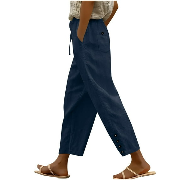 biudgviw Pants for Women Drawstring High Waisted Linen Pants Button Baggy Comfortable Summer Pants with Pockets Lounge Trousers