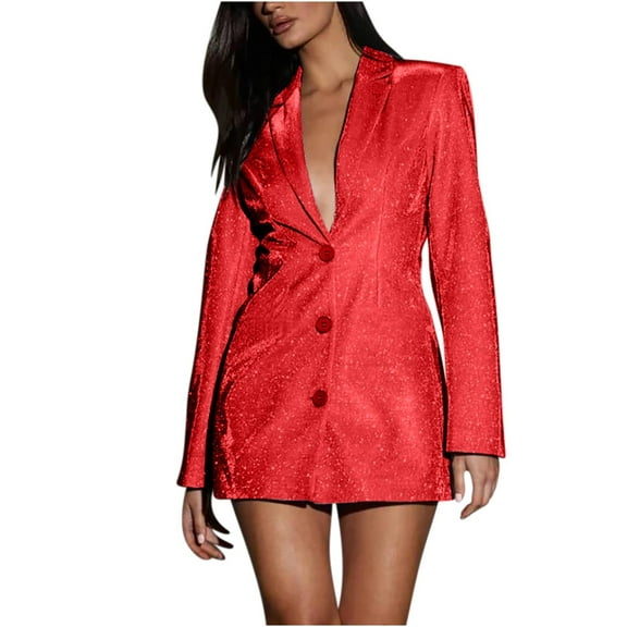 biudgviw Party Dresses for Women Long Sleeve Collared V Neck Buttons down Blazer Jackets Dress Sparkly Cocktail Mini Dress