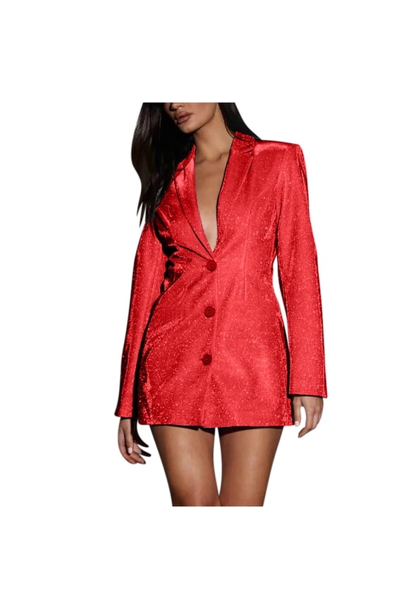 Party Dresses for Women Long Sleeve Collared V Neck Buttons down Blazer Jackets Dress Sparkly Cocktail Mini Dress