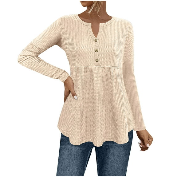 biudgviw Peplum Tops for Women Long Sleeve V Neck Babydoll Tops Button Solid Color Textured Lightweight Fall Tunic Blouses