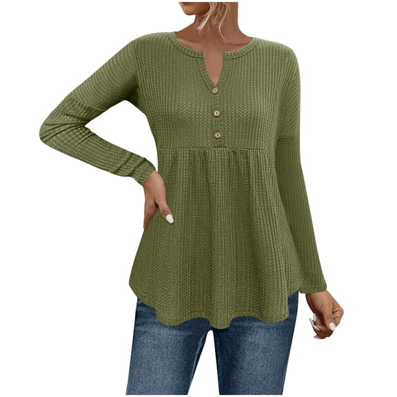 biudgviw Peplum Tops for Women Long Sleeve V Neck Babydoll Tops Button Solid Color Textured Lightweight Fall Tunic Blouses