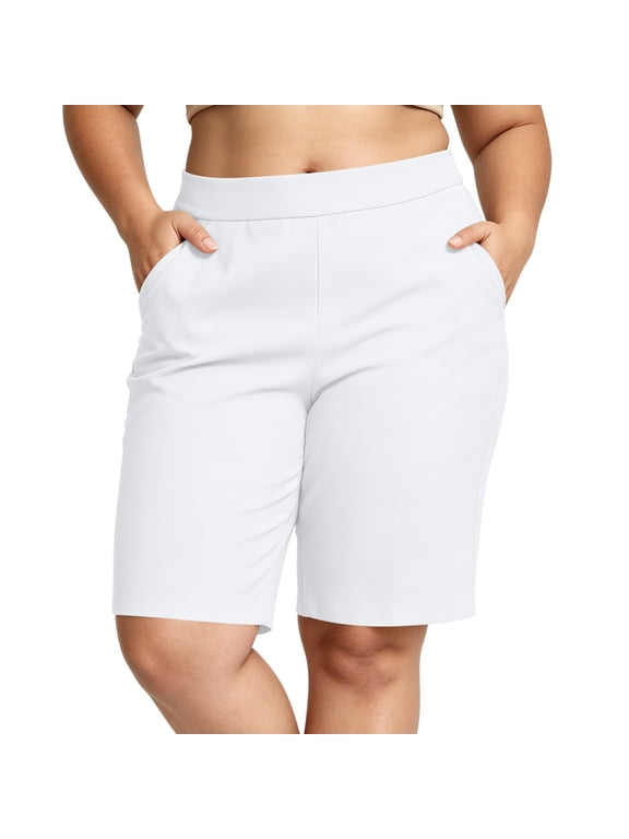 Plus Size Bermuda Shorts for Women Summer Pull On Shorts Casual High Waisted Stretch Work Shorts with Pockets