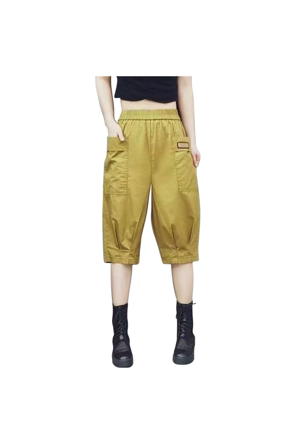 Plus Size Capri Pants for Women Elastic Waist Baggy Harem Pants Summer Casual Beach Vacation Cropped Trousers with Pockets