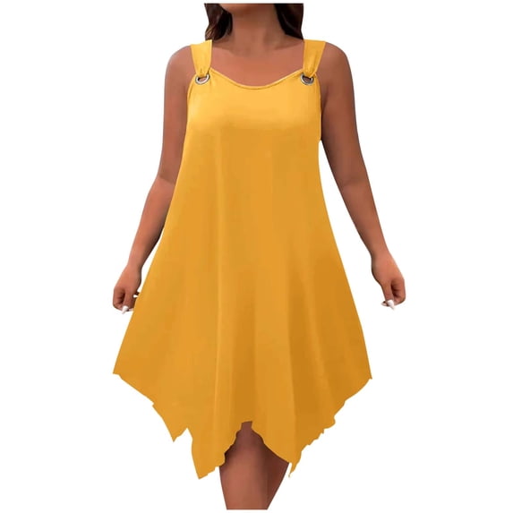 biudgviw Plus Size Dresses for Women Asymmetrical Hem Sleeveless Dress Loose Casual Round Neck Knee Length Dress Trendy Clothes