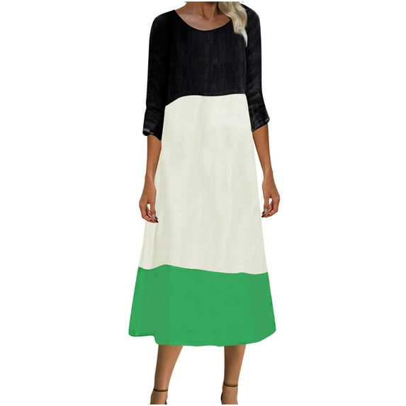 biudgviw Plus Size Dresses for Women Casual Color Block Midi Dress Fall Flowy 3/4 Sleeve Round Neck T-Shirts Dress