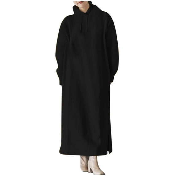 biudgviw Plus Size Dresses for Women Casual Loose Long Sleeve Pullover Hoodies Fall Baggy Fleece Side Slit Long Maxi Dress