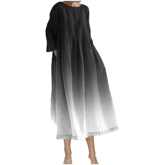 biudgviw Plus Size Dresses for Women Trendy Casual Round Neck Long Sleeve Printed Dress Fall Flowy Vacation Beach Midi Dress