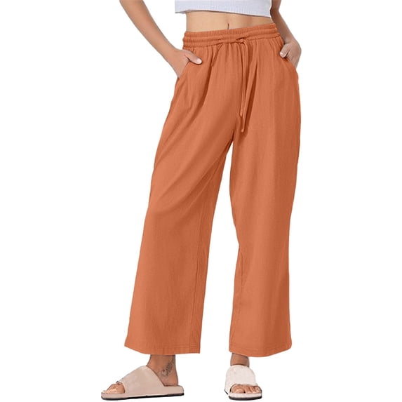 biudgviw Plus Size Linen Pants for Women Casual Drawstring Elastic Waist Pants Summer Beach Loose Lounge Trousers with Pockets
