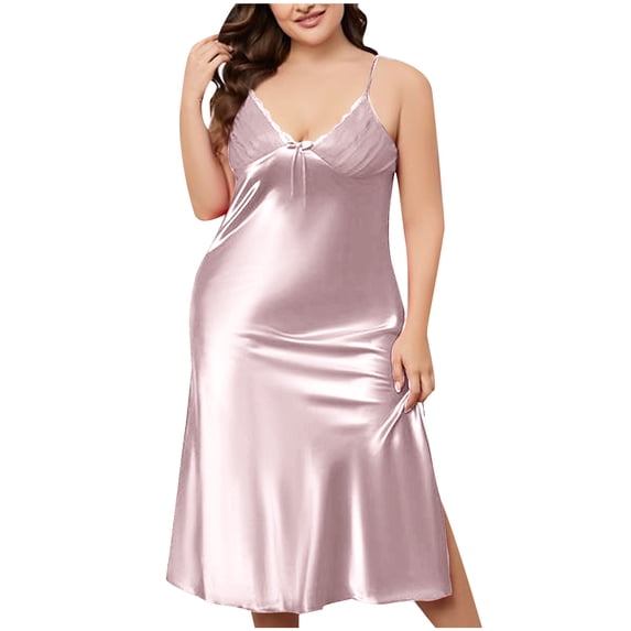 biudgviw Plus Size Nightgowns for Women Sleeveless V Neck Silk Satin Sleep Dress Loose Casual Backless Split Nightshirt Soft Loungewear