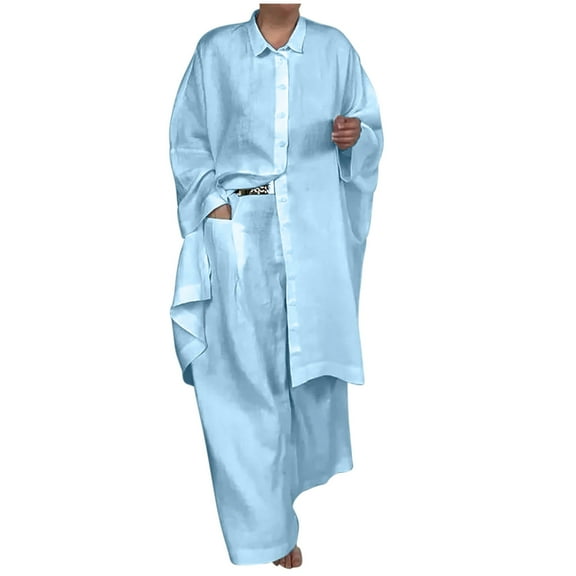 biudgviw Plus Size Outfits for Women Comfy Long Sleeve Collared Buttons down Long Shirts Lounge Wide Leg Palazzo Pants Fall Sets