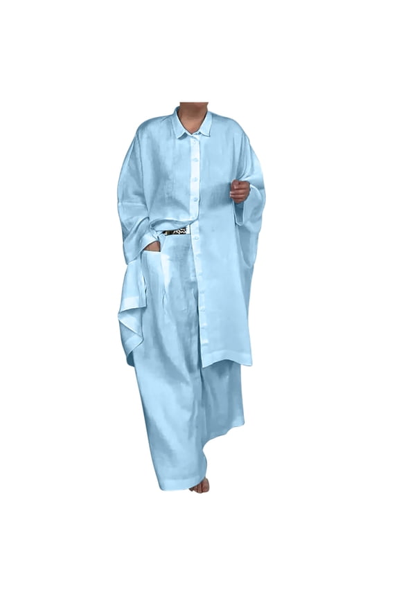 Plus Size Outfits for Women Comfy Long Sleeve Collared Buttons down Long Shirts Lounge Wide Leg Palazzo Pants Fall Sets