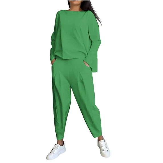 biudgviw Plus Size Outfits for Women Lounge Long Sleeve Soft Sweatshirt Trendy Long Pants Fall Solid Color Sets Sweatsuit