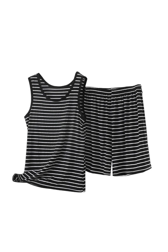 Plus Size Pajama Sets for Women 2 Piece Striped Sleepwear Sleeveless Crewneck Tank Tops with Shorts Pj Set Comfy Loungewear