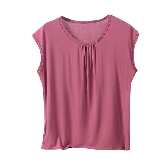 biudgviw Plus Size Pajamas Top for Women Crew Neck Cap Sleeves Sleep Shirts Solid Color Pleated Flowy Tee Casual Trendy Sleepwear