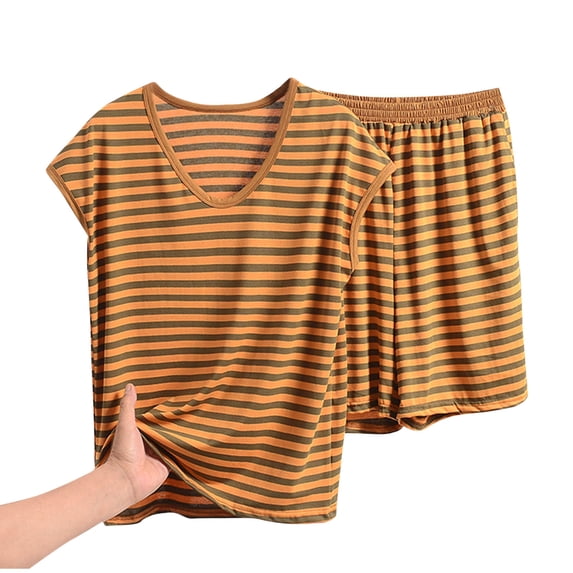 biudgviw Plus Size Pajamas for Women Set Cap Sleeve V Neck Tops with Shorts Sleepwear Striped Summer Soft Nightwear Two Piece Outfits