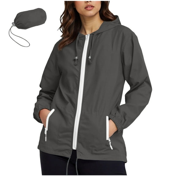 biudgviw Plus Size Rain Jackets for Women Waterproof Lightweight Zip Up Hooded Raincoats Casual Loose Windbreaker for Outdoor with Pockets