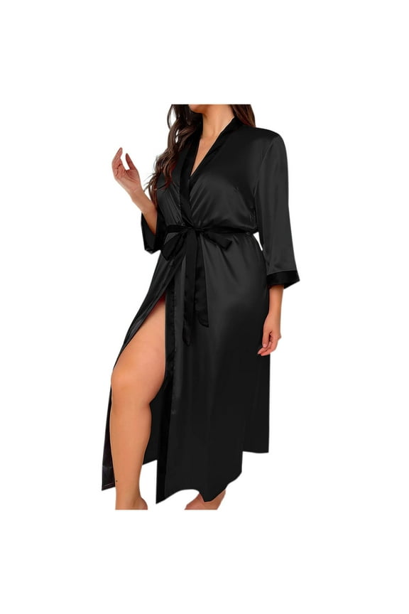 Plus Size Robes for Women V Neck Satin Silk House Coat Belted Long Bathrobe Soft Lightweight Loungewear XL-5XL