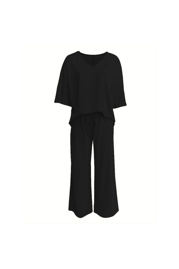 Plus Size Sets for Women Casual Travel Outfits Oversized V Neck Short Sleeve Shirts with Drawstring Wide Leg Pants Lounge Set