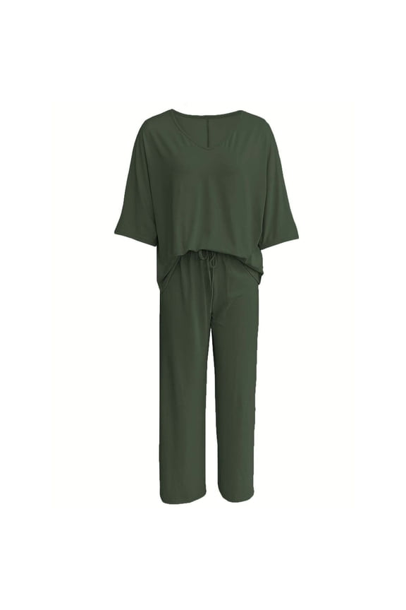Plus Size Sets for Women Casual Travel Outfits Oversized V Neck Short Sleeve Shirts with Drawstring Wide Leg Pants Lounge Set