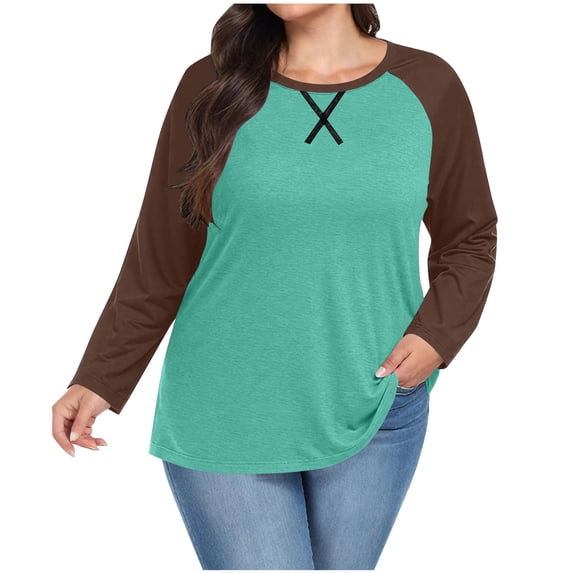 biudgviw Plus Size Shirts for Women Color Block Long Sleeve Pullover Tops Comfy Casual Crew Neck Fall Blouses Fashion Clothing