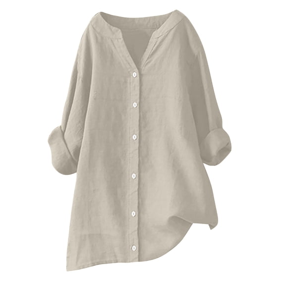biudgviw Plus Size Shirts for Women Soft V Neck Long Sleeve Loose Basic Tops Fall Comfy Cotton Linen Buttons down Blouses