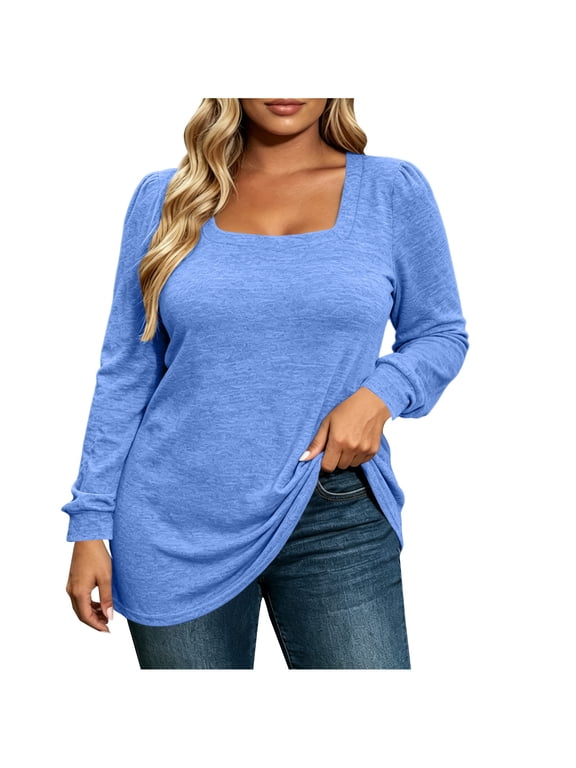 Plus Size Square Neck Tops for Women Fashion Casual Long Sleeve Shirts Soft Loose Fit Basic Tees Fall Clothes(Blue,XX-Large)