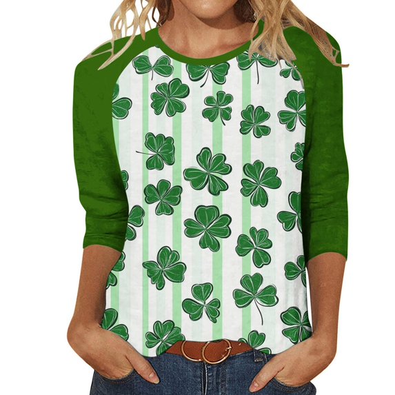 biudgviw Plus Size St Patrick's Day Shirt for Women 3/4 Sleeve Raglan Blouse Casual Print Crewneck Graphic Tee Tops for Festival