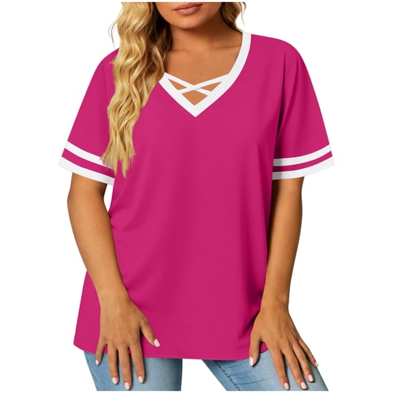 biudgviw Plus Size Tops for Women Oversized V Neck Criss Cross T-Shirt Color Block Casual Short Sleeve Blouse Summer Clothes