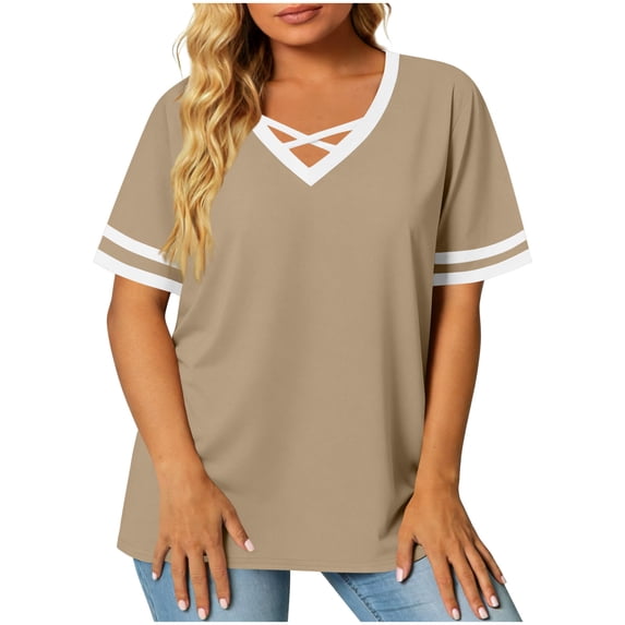 biudgviw Plus Size Tops for Women Oversized V Neck Criss Cross T-Shirt Color Block Casual Short Sleeve Blouse Summer Clothes