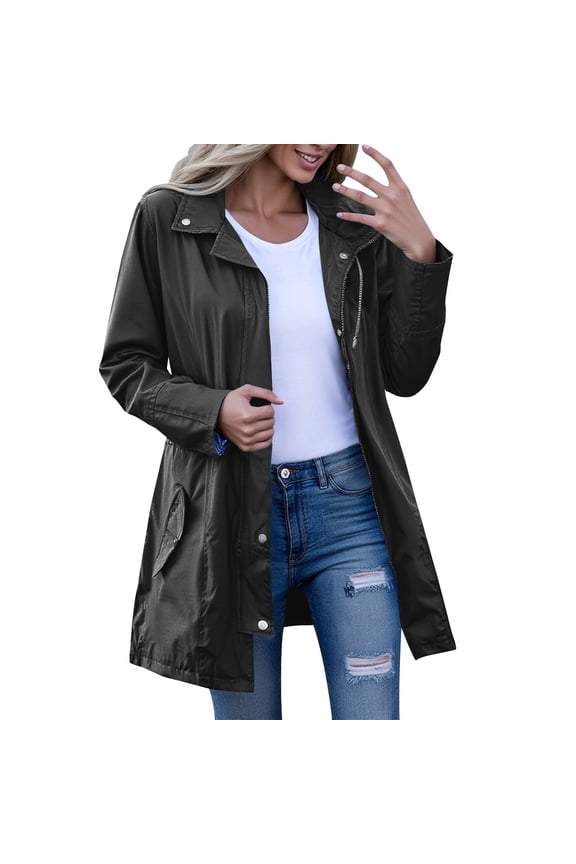 Rain Coat for Women Waterproof Long Sleeve Hooded Rain Jacket Button Zip Up Lapel Windbreaker for Outdoor Hiking with Pockets