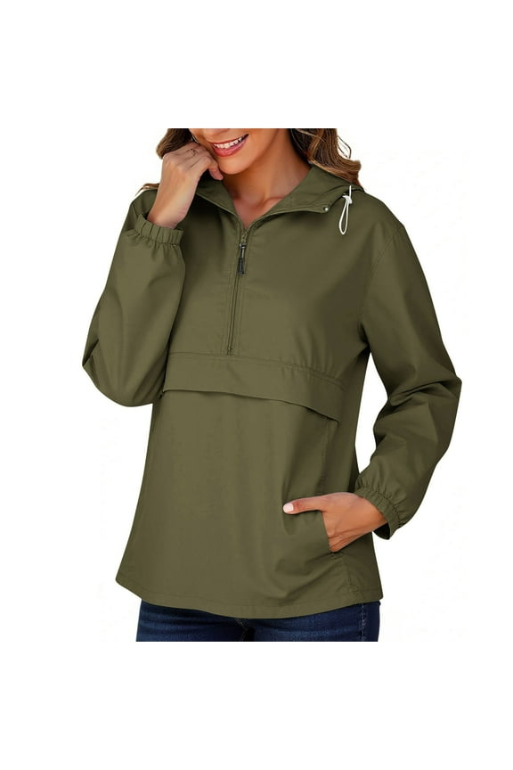 Rain Jacket for Women Fall Winter Lightweight Waterproof Half Zip Hooded Pullover Jacket Cycling Sports Windbreaker with Pocket