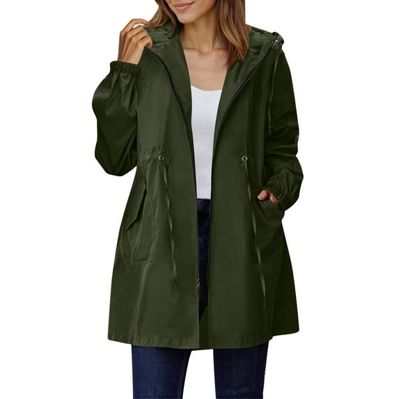 biudgviw Rain Jacket for Women Long Sleeve Waterproof Hooded Raincoat Drawstring Waist Windbreaker Loose Zip Up Trench Coats with Pockets