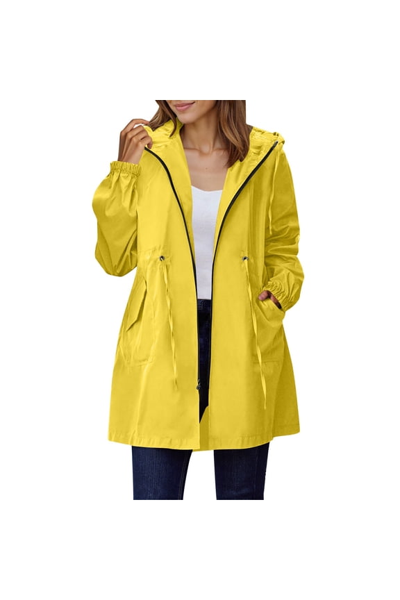 Rain Jacket for Women Long Sleeve Waterproof Hooded Raincoat Drawstring Waist Windbreaker Loose Zip Up Trench Coats with Pockets