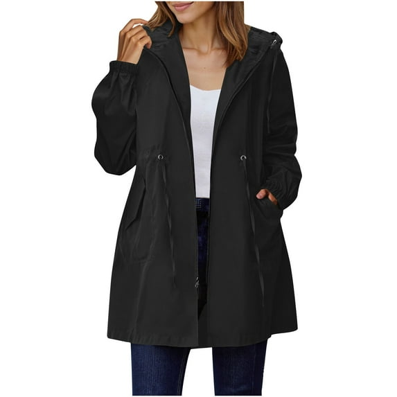 biudgviw Rain Jacket for Women Long Sleeve Waterproof Hooded Raincoat Drawstring Waist Windbreaker Loose Zip Up Trench Coats with Pockets