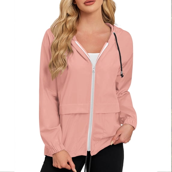 biudgviw Rain Jacket for Women Waterproof Lightweight Outdoor Packable Hooded Raincoat Drawstring Zip up Windbreaker Outwear with Pockets