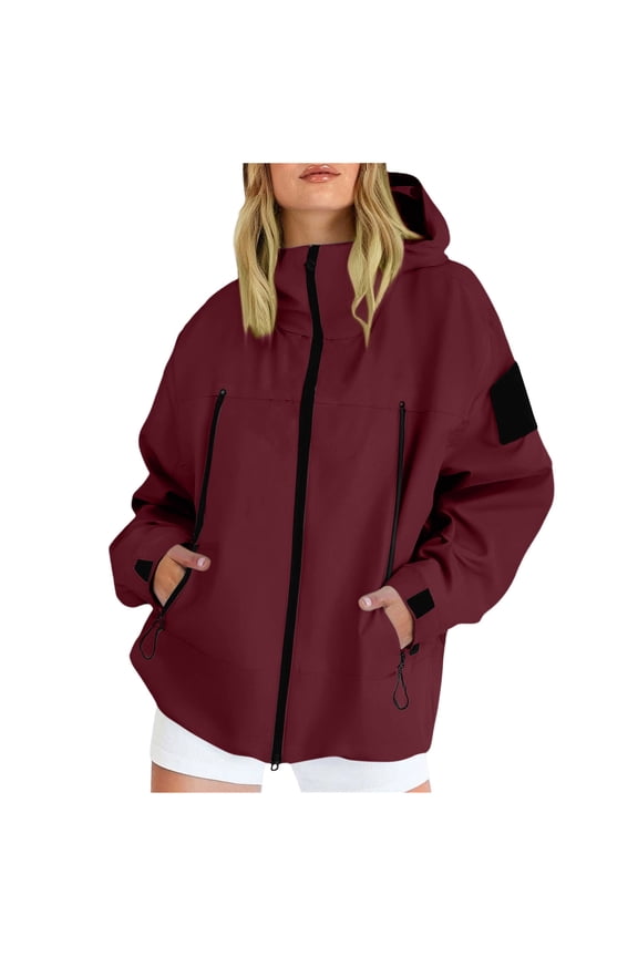 Rain Jacket for Women with Hood Plus Size Zip Up Waterproof Outdoor Coats Casual Hiking Outwear for Fall Winter with Pockets