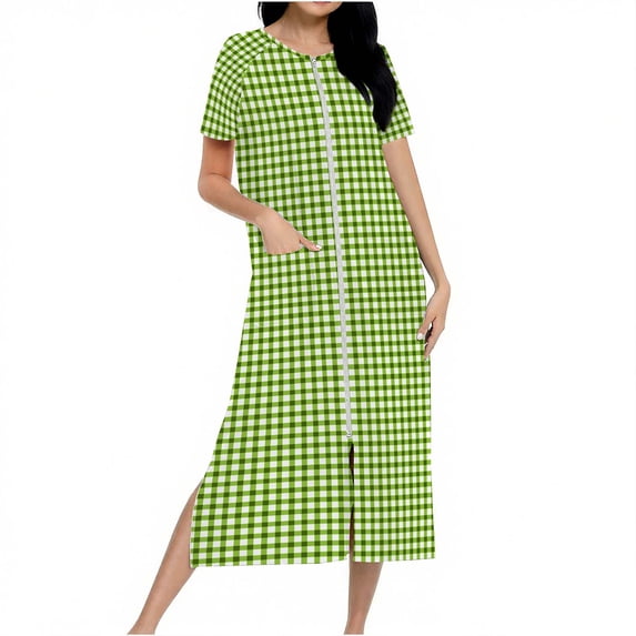 biudgviw Robes for Women Plaid Short Sleeve Housecoats Casual Round Neck Zipper Front Bathrobe Soft Long Nightgowns with Pockets