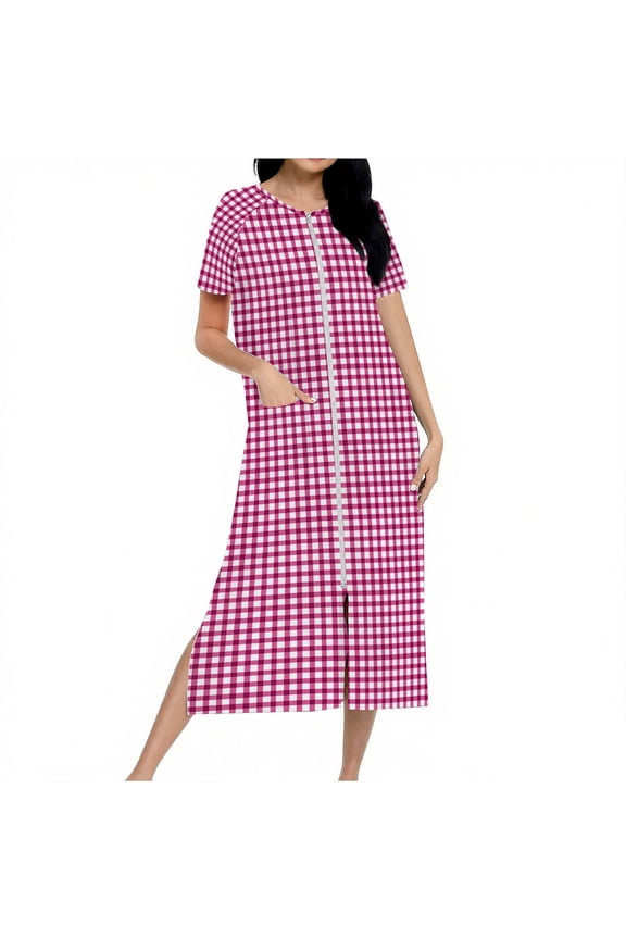 Robes for Women Plaid Short Sleeve Housecoats Casual Round Neck Zipper Front Bathrobe Soft Long Nightgowns with Pockets