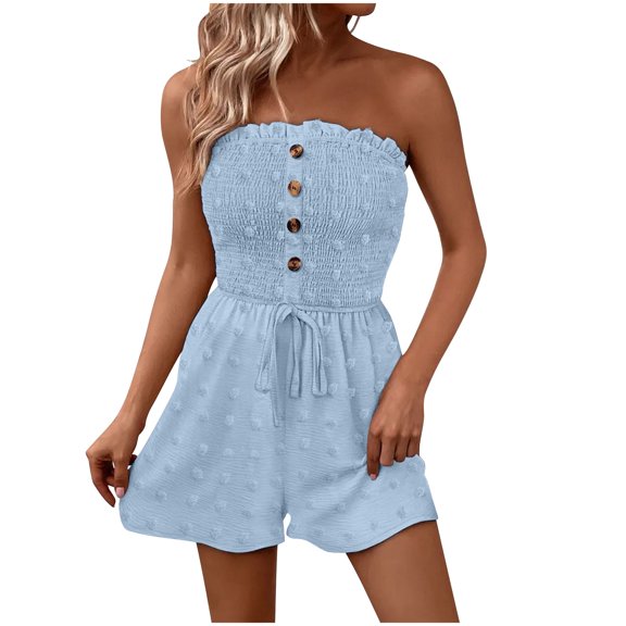 biudgviw Rompers for Women Strapless One Piece Tube Top Jumpsuits off the Shoulder Smocked Button Summer Beach Outfits for Date Night