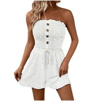 biudgviw Rompers for Women Strapless One Piece Tube Top Jumpsuits off the Shoulder Smocked Button Summer Beach Outfits for Date Night