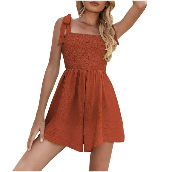 biudgviw Rompers for Women Tie Knot Strap Square Neck Short Jumpsuits Trendy Smocked Wide Leg Summer Beach Vacation Outfits