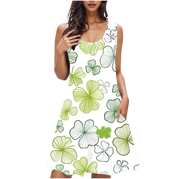 biudgviw Saint Patrick's Day Women's Nightgown Print Sleeveless Tank Sleep Shirt Soft Crewneck Nightdress with Pocket S-XXL