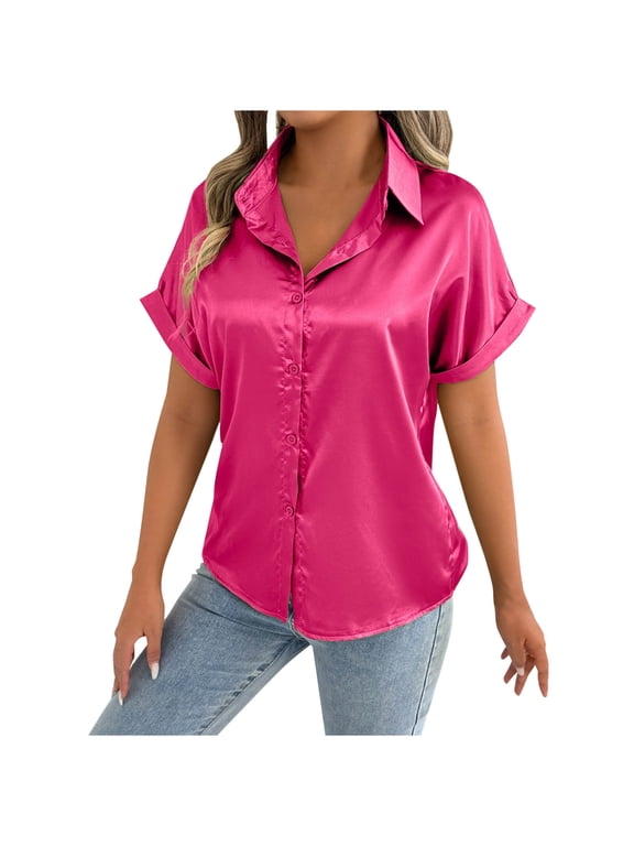 Satin Button Down Shirts for Women Summer Short Sleeve Silk Blouse Dressy Casual Collared Work Elegant Tops