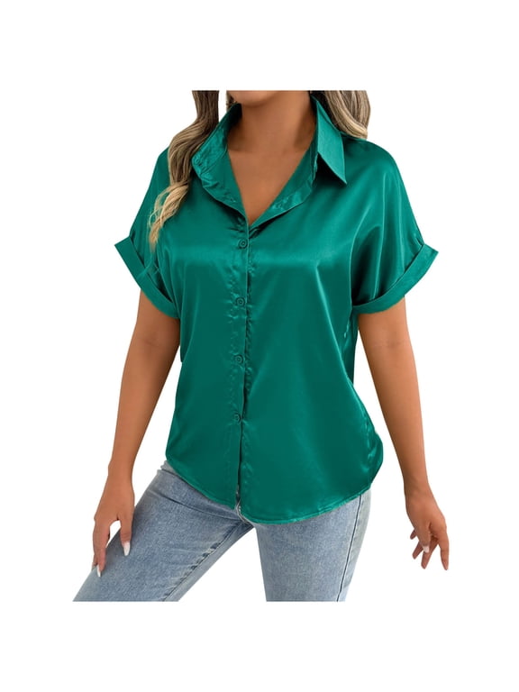 Satin Button Down Shirts for Women Summer Short Sleeve Silk Blouse Dressy Casual Collared Work Elegant Tops