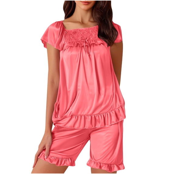 biudgviw Satin Pajama Set for Women Ruffle Short Sleeve Loungewear Soft Bow Tie Square Neck Tops with Shorts Silk Pj Sets